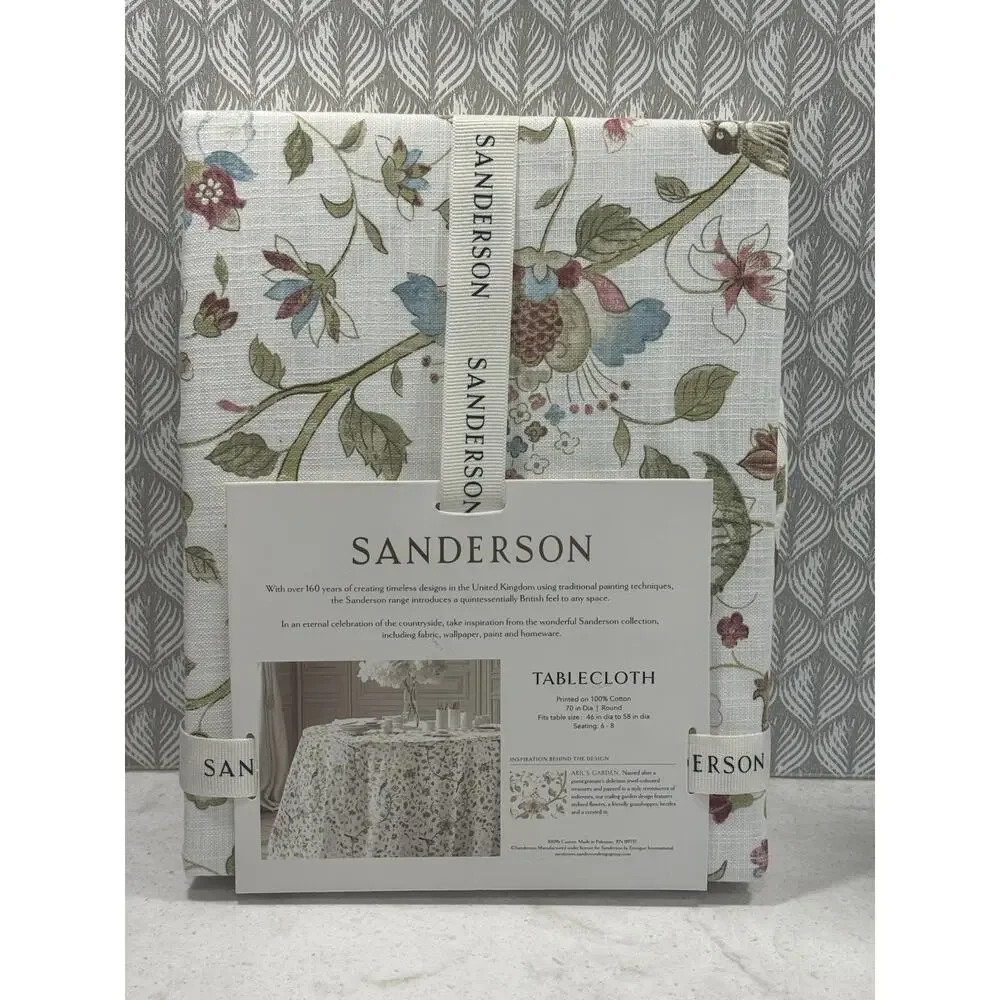 Sanderson Tablecloth 70” Round Aril's Garden Floral Birds 100% Cotton NEW